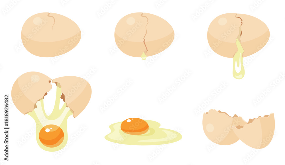 Fototapeta premium Broken egg sequence game animation set. Animated action steps of cracking, shell breaking into two halves, raw yellow yolk and white falling out near empty eggshells cartoon vector illustration
