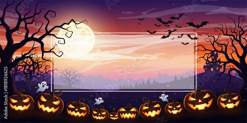 Spooky Halloween night background with silhouette vector pumpkins, bats, and a dark autumn moon illustration