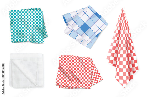 Gingham tablecloths and kitchen towels set. 3D realistic folded table cloth collection with plaid pattern, handkerchief and hanging linen napkin in top and side view cartoon vector illustration