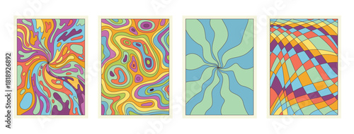 Groovy cartoon psychedelic patterns set. Radial surreal rays and funky colorful checkerboard texture, crazy wavy blobs and swirls in boho backgrounds collection of 70s 80s style vector illustration