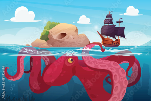 Octopus and pirate ship sailing to tropical island vector illustration. Cartoon ocean or sea landscape with giant kraken diving to corsair boat, marine adventure of wooden caravel and legend creature