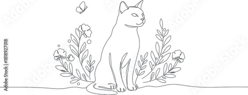 Whimsical line drawing of a cat sitting among lush foliage with a butterfly