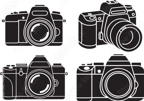 Professional DSLR Camera Vector Silhouette Icon Set - Photography Equipment Graphics
