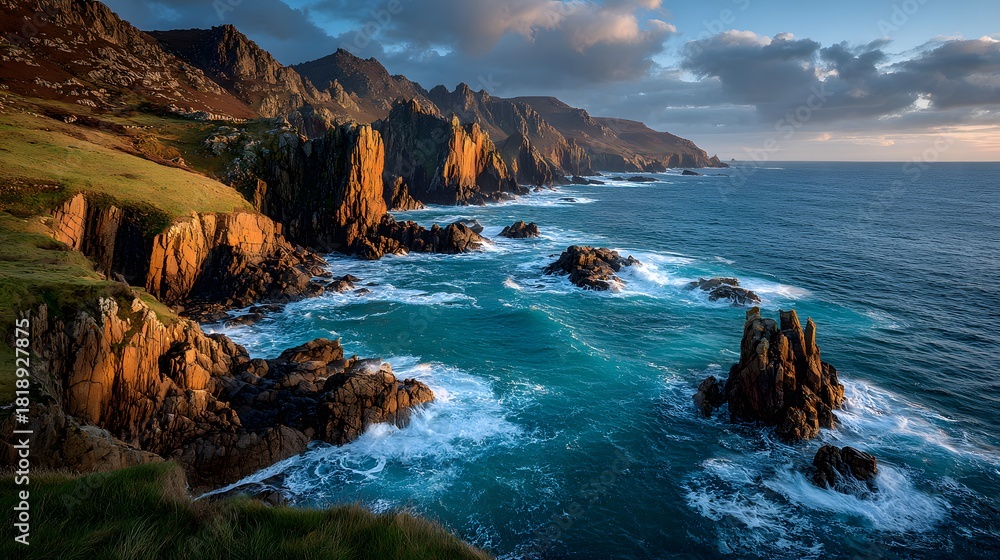 Obraz premium Rugged, dramatic coastline with cliffs and sea stacks is hit by powerful waves of a deep blue ocean, bathed in the warm, golden light of dusk.