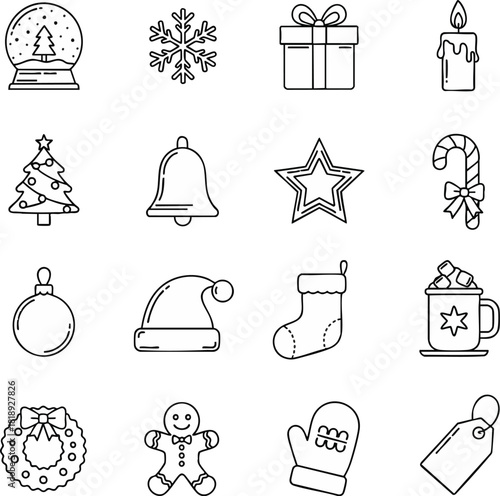 A set of Christmas and winter holiday line icons. This vector collection includes a snow globe, Santa hat, gift, and other festive symbols