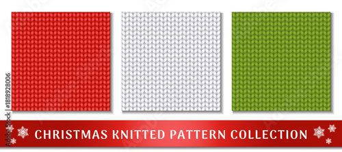 Christmas Knitted Pattern Collection. Realistic accurate knitted fabric texture. Perfect for textiles, backgrounds, and creative designs. Best for Christmas and New Year projects. Vector illustration