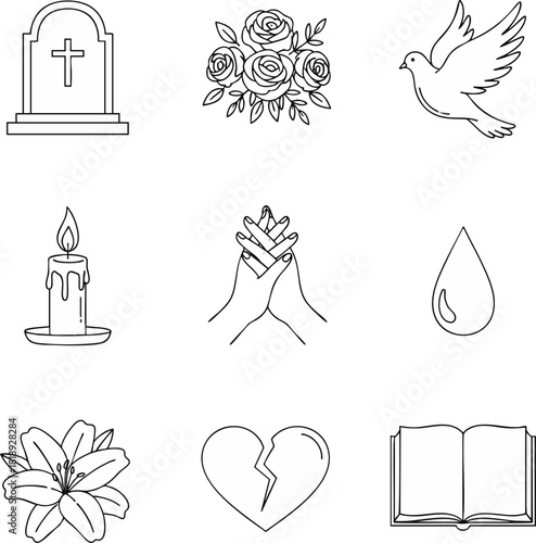 A set of line art icons depicting symbols of mourning, loss, and remembrance, including a gravestone, dove, candle, flowers, and praying hands
