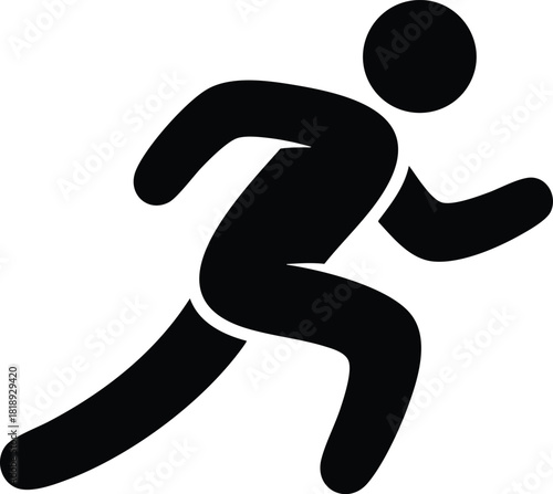 A sleek black silhouette icon of a person running or sprinting, isolated on a white background. This symbol represents activity, fitness, and speed