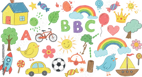 Collection of colorful hand drawn children s illustrations and icons on a white background