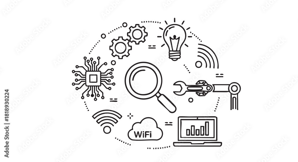 Fototapeta premium Abstract technology icon set with chip wifi gear and circuit lines