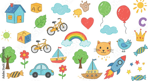 Collection of whimsical hand drawn illustrations for children including a house balloons and a rocket ship