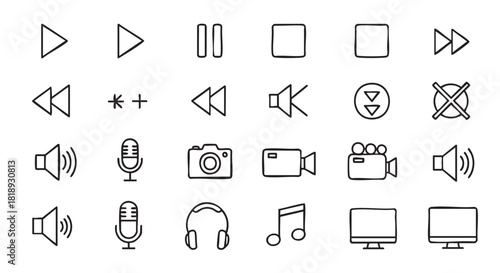 Audio and multimedia line icons set black on white background