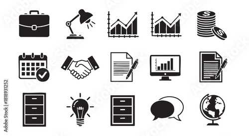 Black and white business icons symbolizing work achievement and success