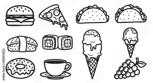 Black and white food illustration with burger pizza sushi donut and coffee