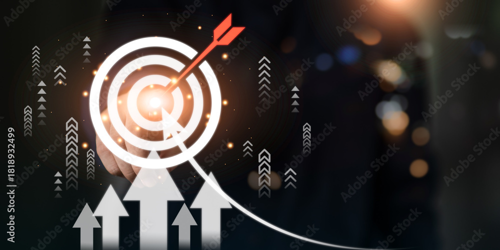 Fototapeta premium A red arrow hitting the center of a digital target, creativity, goal achievement, business success, marketing strategy, and performance optimization in competitive environments.