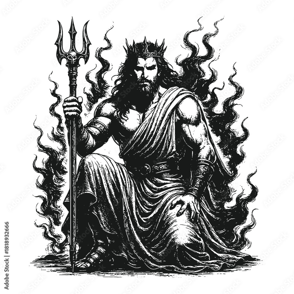 Ταπετσαρία Powerful hades underworld god illustration in detailed black-and-white vintage engraving style, perfect vector artwork for mythology themes, fantasy designs, and classical graphic projects