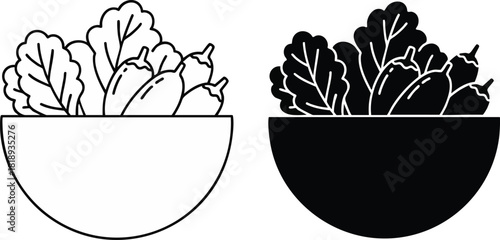 Black and white graphic icon illustration of a bowl filled with salad and peppers. Simple, modern food concept for healthy eating and design use