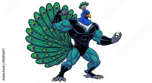 Muscular Peacock Superhero Character With Blue and Green Feathers Posing on a White Background in Digital Pixel Art Style