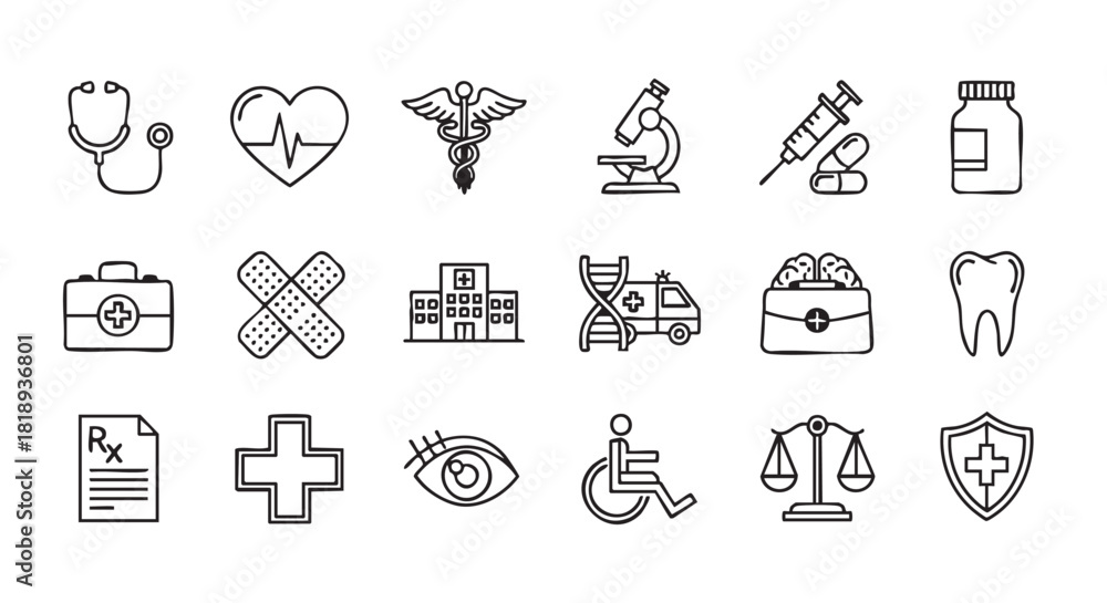 Fototapeta premium Medical doodles set vector illustration healthcare and medicine concepts
