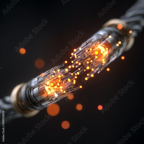 Broken fiber optic cable with glowing orange light. Internet connection problem with data transmission failure. Technology concept for network issue.