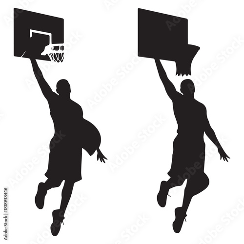 Basketball silhouettes performing slam dunks with dramatic motion and shattered backboard impact on white