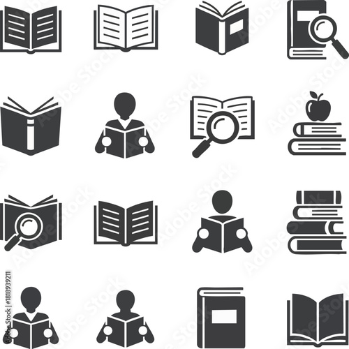 Clean black vector icons illustrating books, reading, and education. Features open books, people studying, research tools, and book stacks