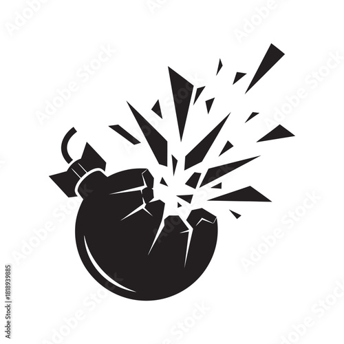 Black and white icon of a shattering bomb with a fuse.