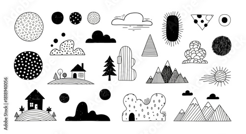 Whimsical hand-drawn vector landscape element set with houses, clouds, mountains and trees in