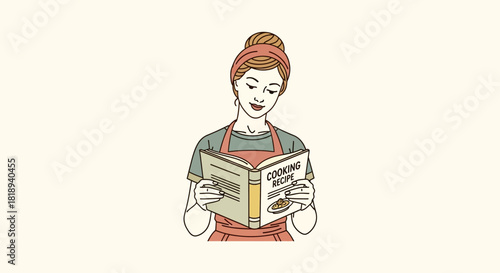 Illustration of a woman reading a cooking recipe book preparing culinary dish