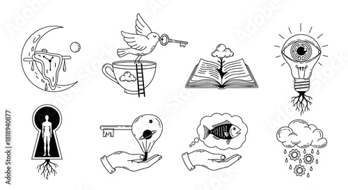 Surreal ink drawing featuring metaphorical symbols illustrating dreams and subconscious thoughts