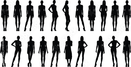 Fashion model silhouette poses, standing figures in various stances, posture reference, clothing fit guide, character design template, vector illustration set