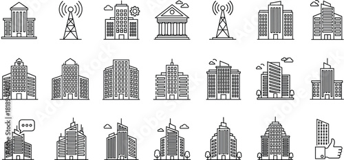 Building icon set, architecture vector, urban structure illustration, office and government buildings, line art style, real estate, city planning symbols