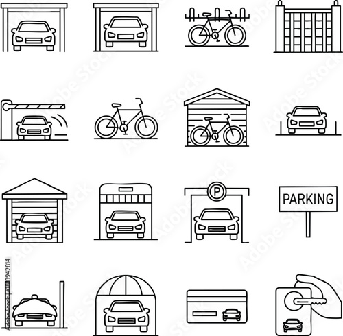 Collection of line art icons depicting parking, vehicle storage, and transport. Includes cars, garages, parking lots, bicycle racks