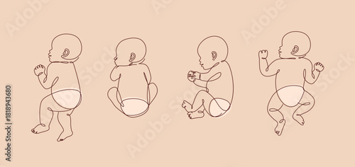 Newborn silhouette in a diaper in different poses collection drawing in linear art style on light brown background