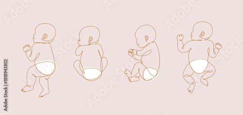 Newborn silhouette in a diaper in different poses collection drawing in linear art style on light background