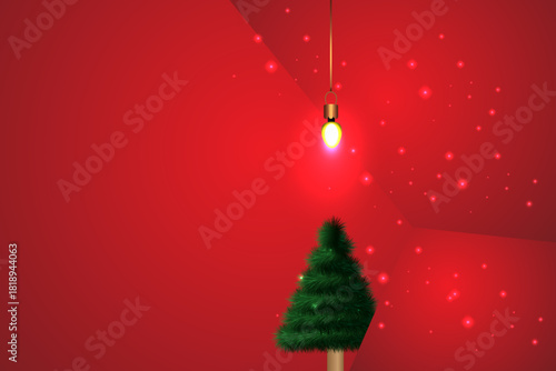 Happy new year 2026 Christmas tree and light bulb on red background. 3D illustration.