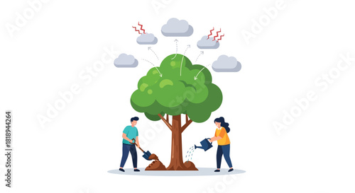 People planting and watering a tree while clouds and lightning indicate weather changes and environmental impact