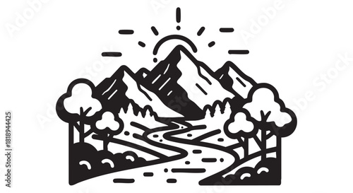 Mountain landscape line art illustration with trees and simple design