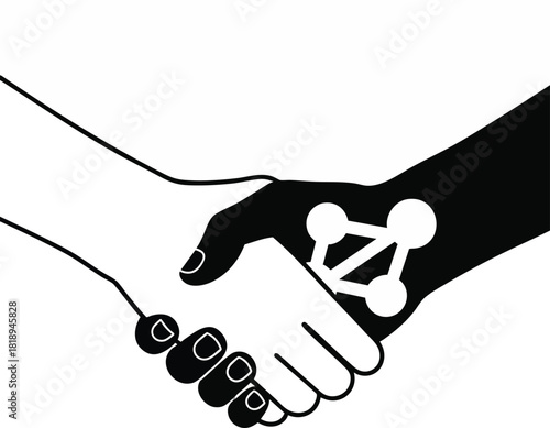 Conceptual illustration of a handshake symbolizing partnership and diversity. A network icon on one hand represents technology, AI, and connectivity