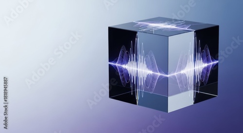 3D cube with sound waves and graphic elements in blue and white gradients. This sound wave visualization on cube suggests connectivity through technology, representing audio signal modulation.