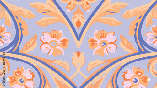 Abstract geometric floral pattern with intersecting lines and vibrant color accents suitable for textile design wallpaper and decorative backgrounds