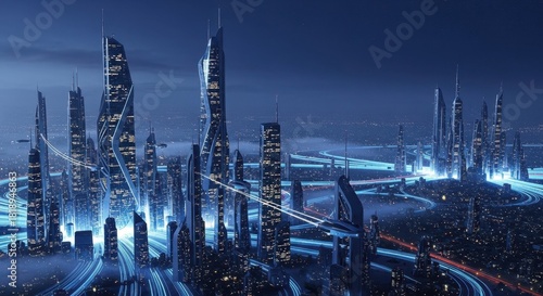 Cityscape futuristic design with modern skyscrapers illuminated at night. Futuristic cityscape vision showcases urban planning and innovative architecture.