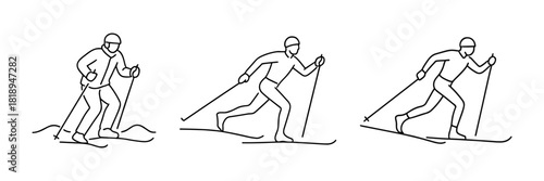 Line drawing of three cross-country skiers using poles to glide across snow in different dynamic poses, wearing winter sportswear.