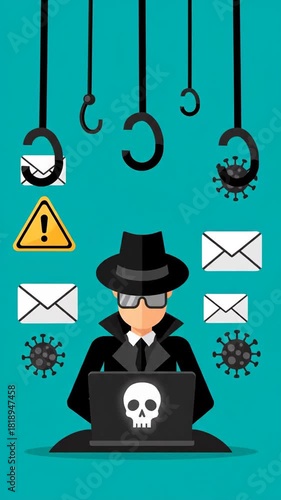 Cybersecurity Threat Simulation Featuring Hackers and Phishing Alerts in