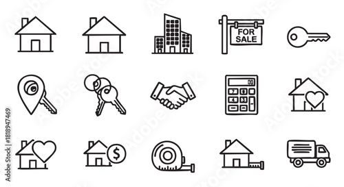 Real estate icons and symbols collection related to property