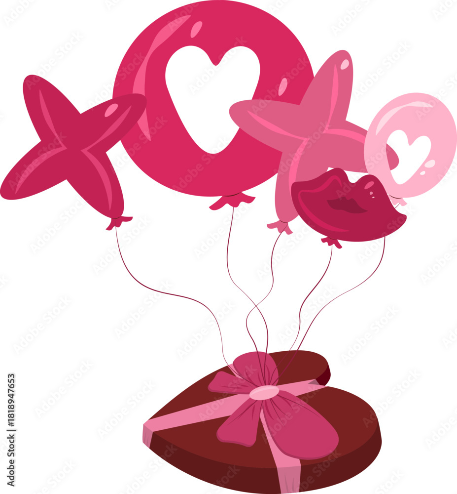 Fototapeta premium Charming vector illustration featuring a floating cluster of XO and kiss balloons tied to a heart-shaped chocolate gift box, symbolizing romantic gestures and sweet Valentine's Day celebrations.
