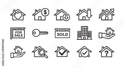 Real estate icons line art set with house and dollar sign
