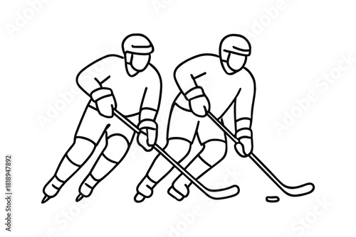 Two ice hockey players skating and competing for puck during match, wearing helmets and full gear.