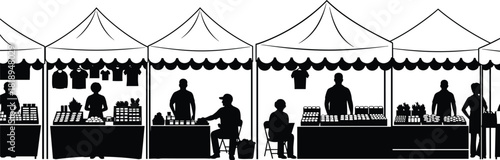 Black vector silhouette of a farmers market scene with row of stalls, vendors selling goods under tents, isolated outdoor fair illustration.
