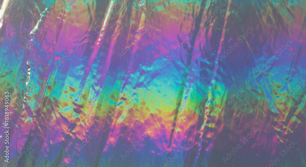 Fototapeta premium Iridescent holographic foil background with vibrant rainbow colors and crumpled texture